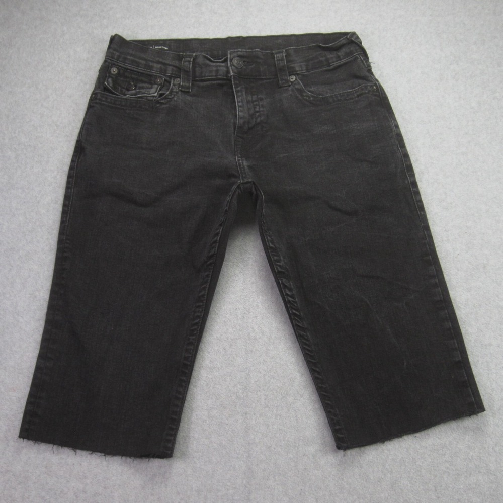 True Religion Ricky Relaxed Straight Shorts Mens 33 Black Denim Flap Pocket Cut‎